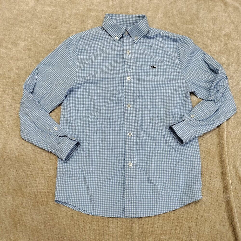 Vineyard Vines Blue White Check Gingham On-The-Go Long Sleeve Whale Shirt Sz S